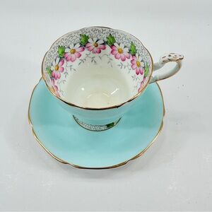 Vintage Paragon Double Warrant Blue Teacup Cup & Saucer Set, Margot Pink Floral